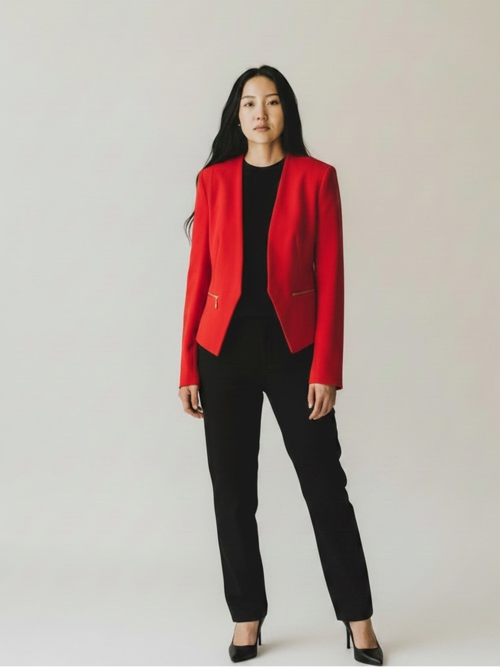 Philosophy Red Cropped Open-Front Blazer with Gold Zipper detail